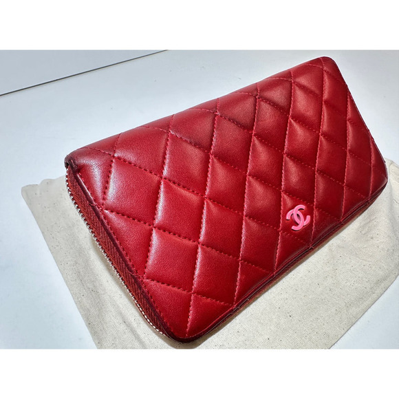 Authentic Chanel Red Quilted Lambskin Leather Long Wallet - Picture 2 of 14